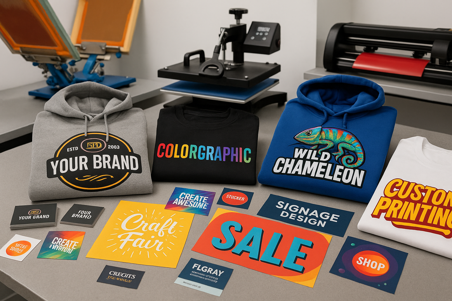 realistic photos of printeing on hoddies tshirts, all printed materials